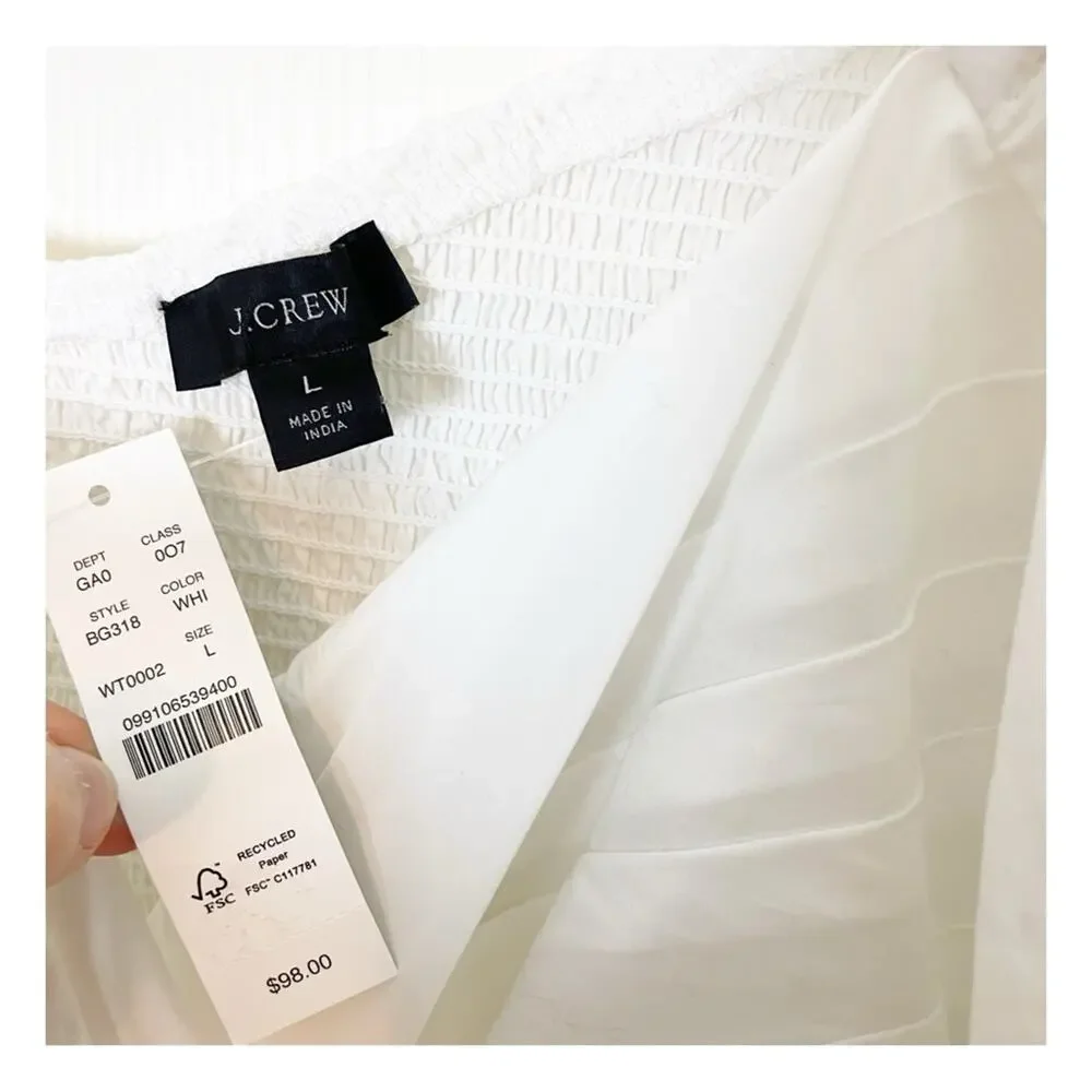 J. Crew White Draped Blouse Cropped Puff Sleeve Organic Cotton Top Sz L NWT